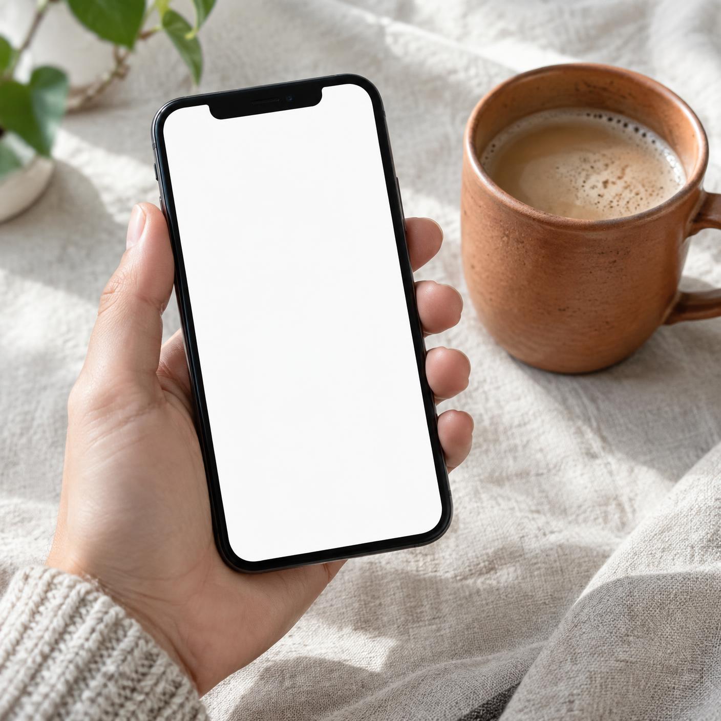 A hand holding a phone beside a terracotta glazed mug