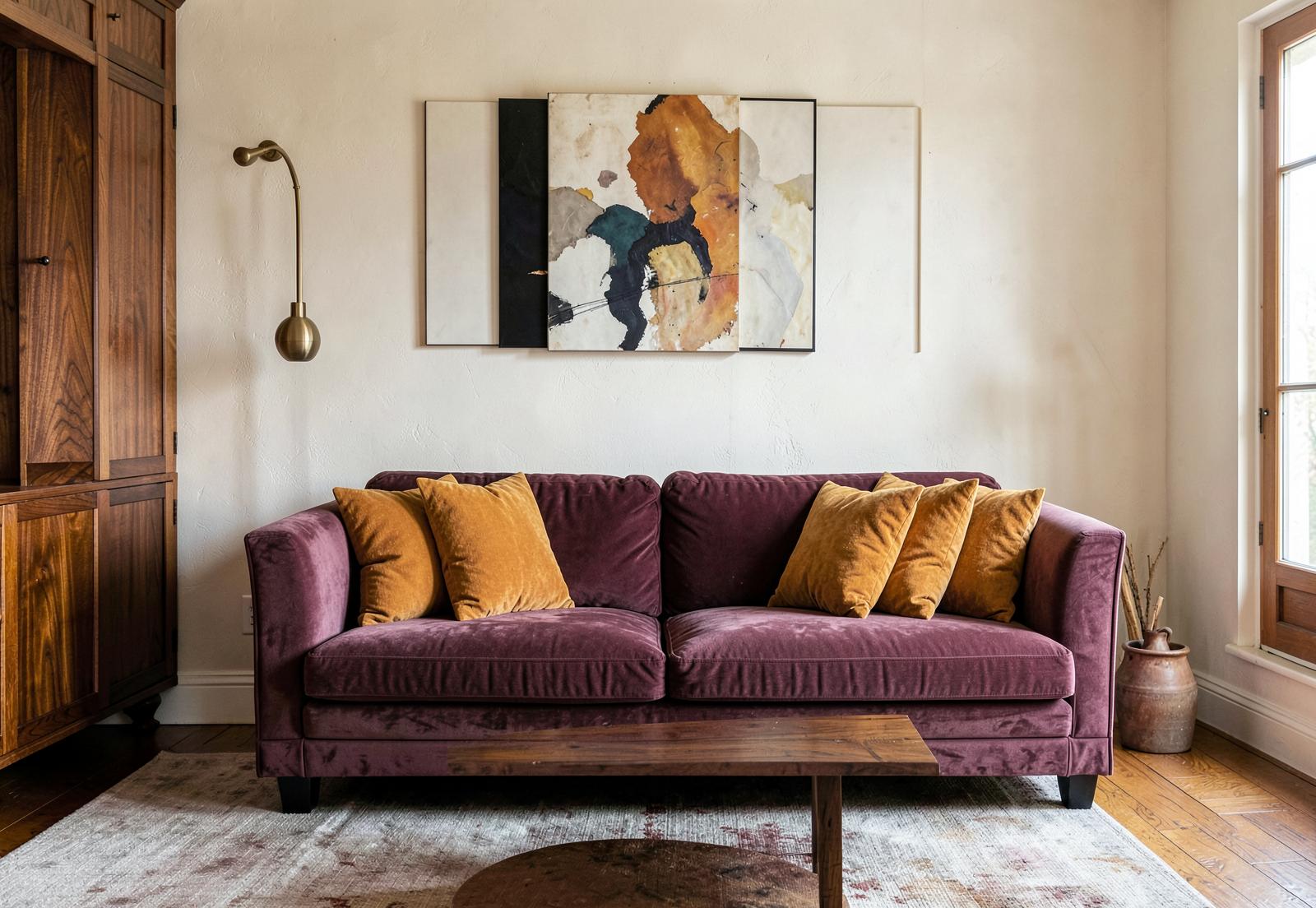 A calm interior with plum and cream tones