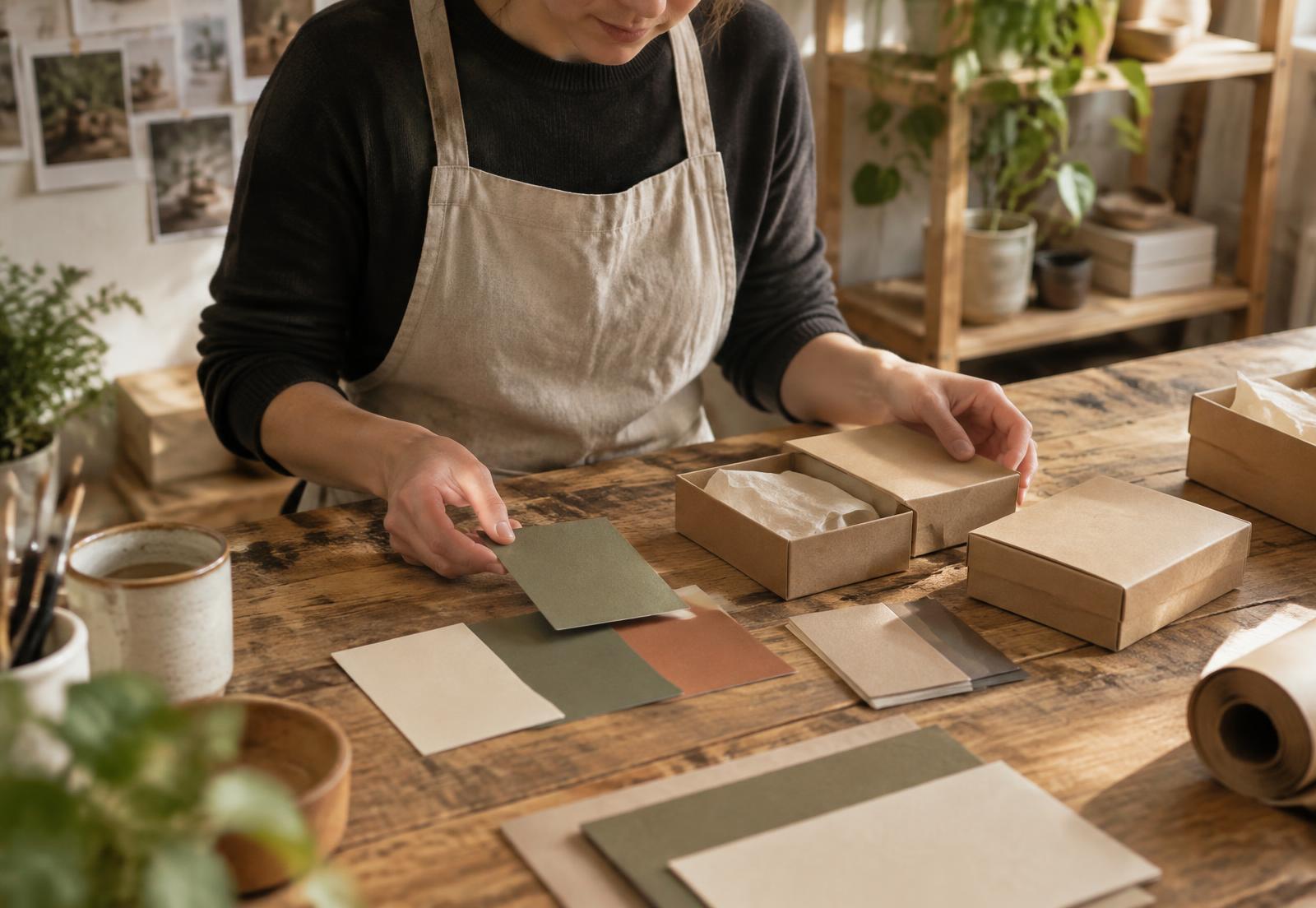 A maker at a workbench comparing coloured card swatches against packaging samples