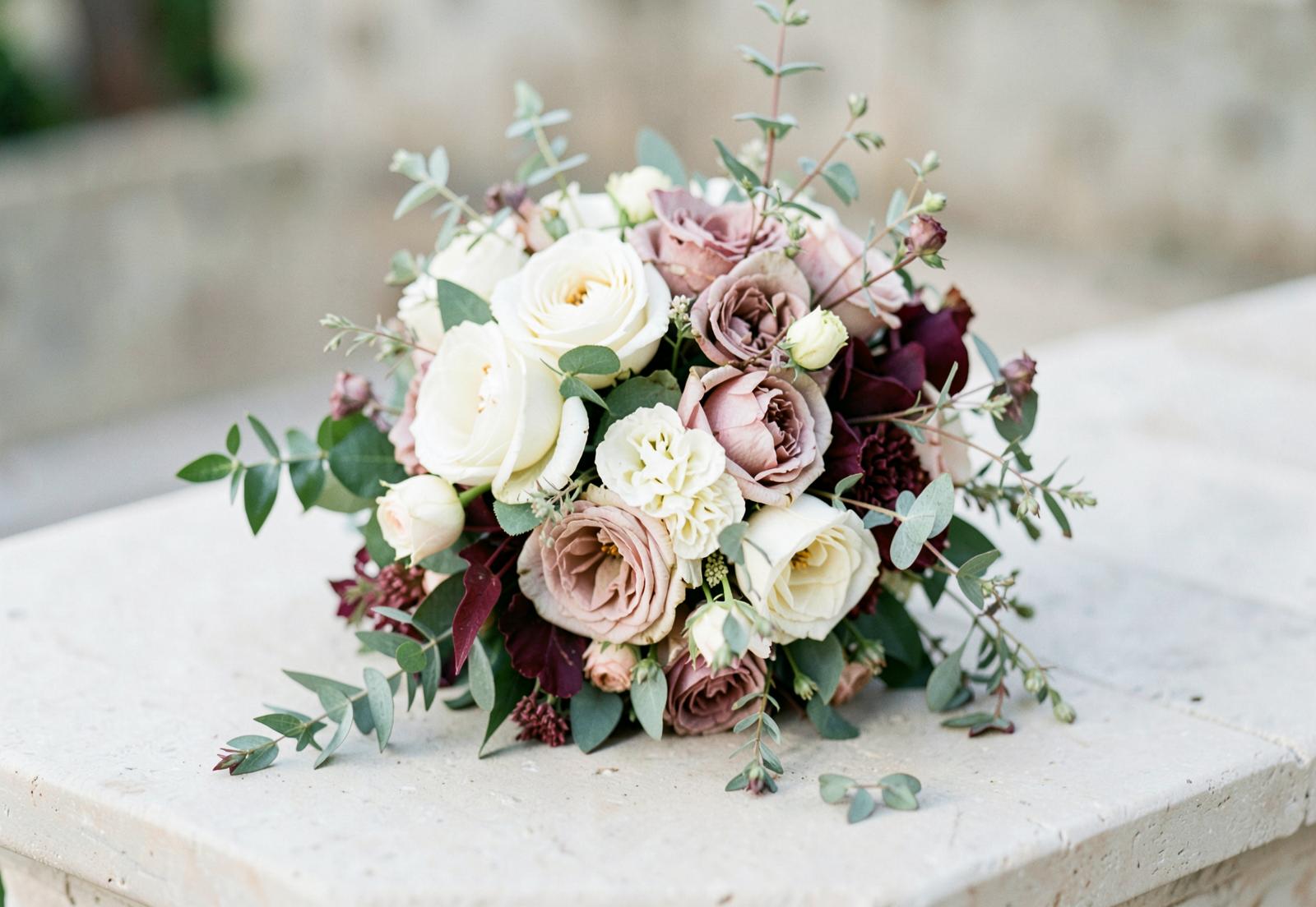 A wedding bouquet of soft blush and cream flowers