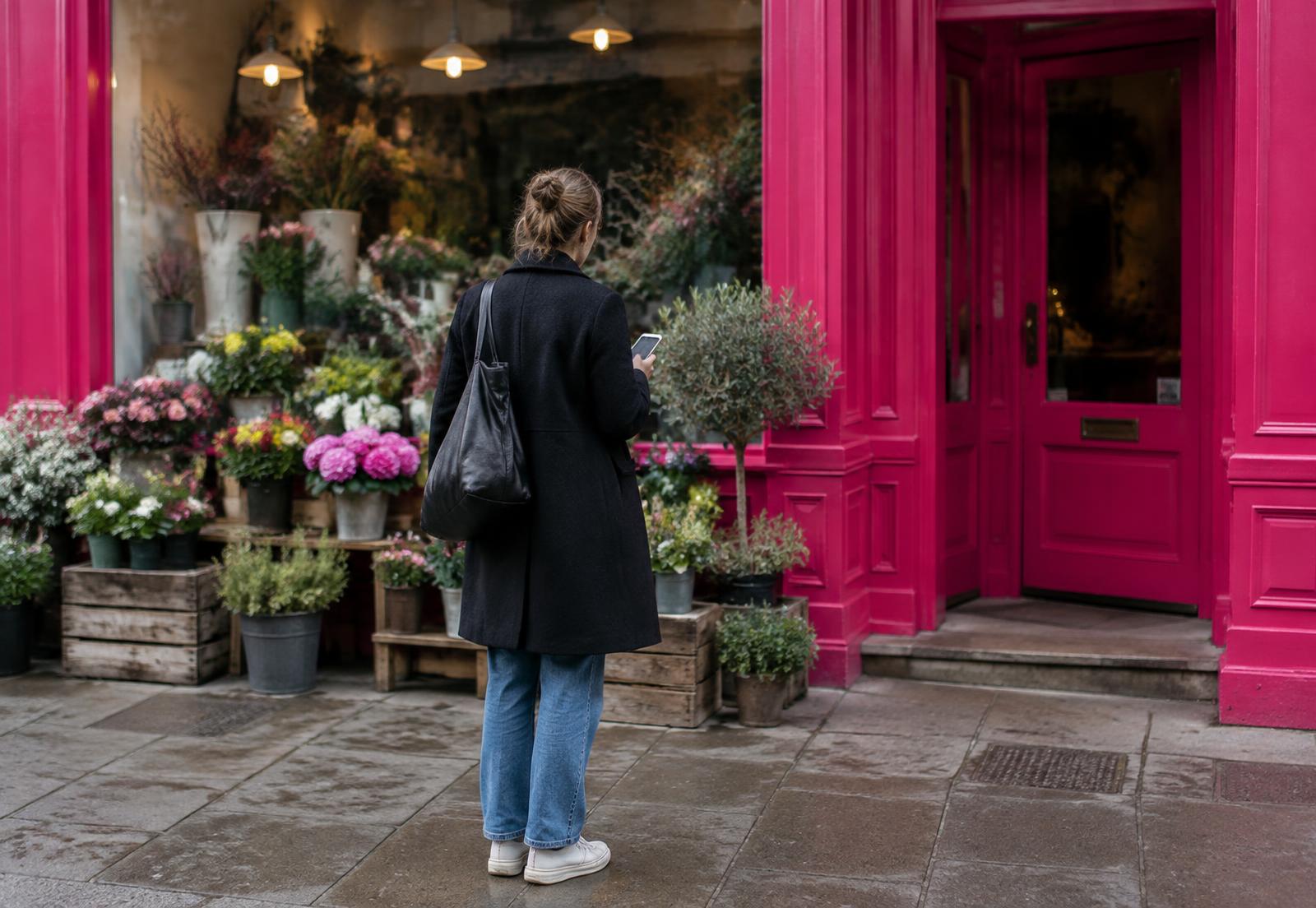 A woman pausing outside a bright pink painted florist shopfront with her phone in hand