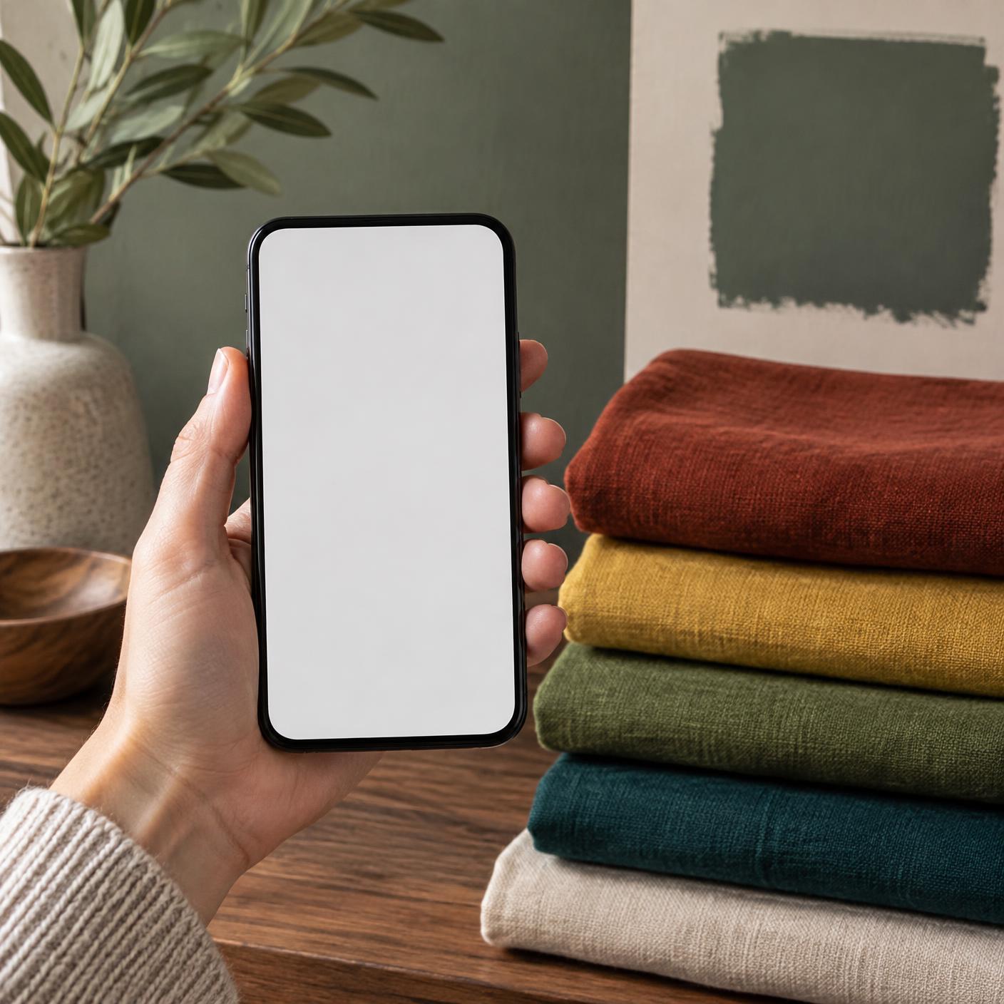 A hand holding a phone in front of a stack of richly coloured fabrics