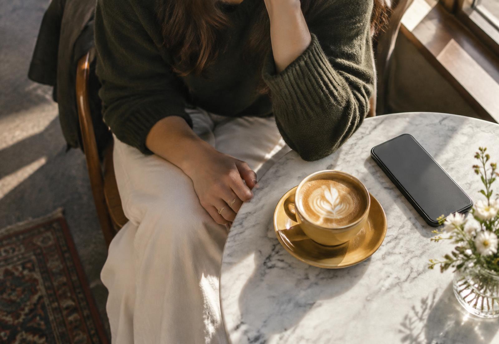 A person sitting with a mustard glazed coffee cup on a marble table, phone beside them