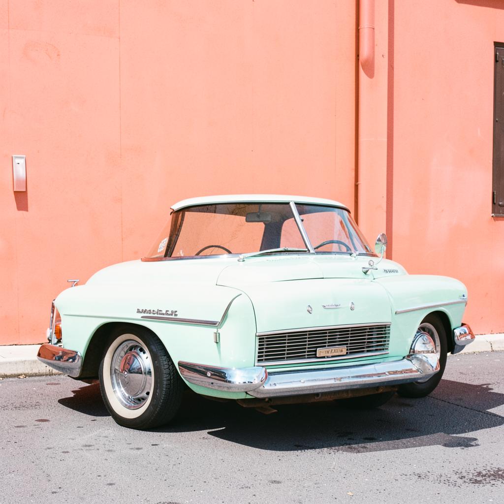 A vintage car in a soft blue paint finish