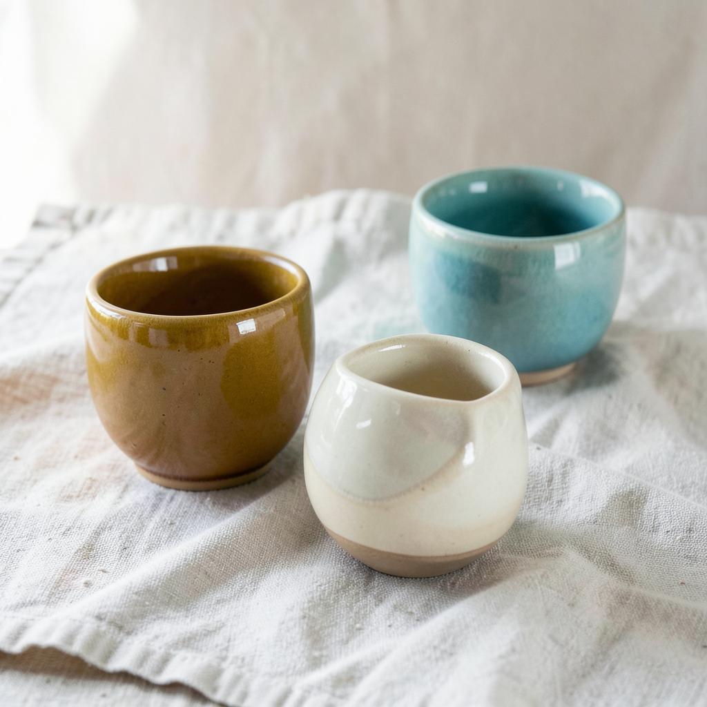 Terracotta glazed ceramic vessels on a pale shelf
