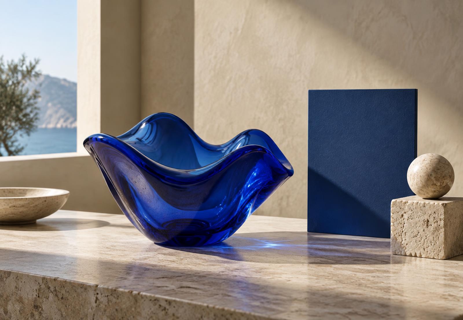 Cobalt glass and a deep blue colour card in a sunlit studio