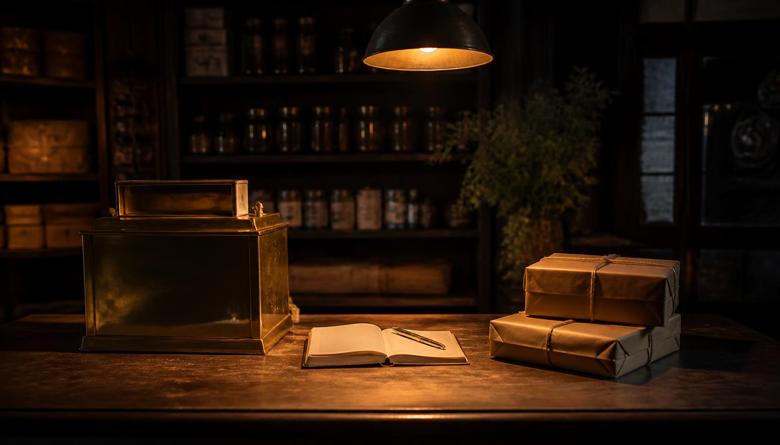 A small shop counter at closing time