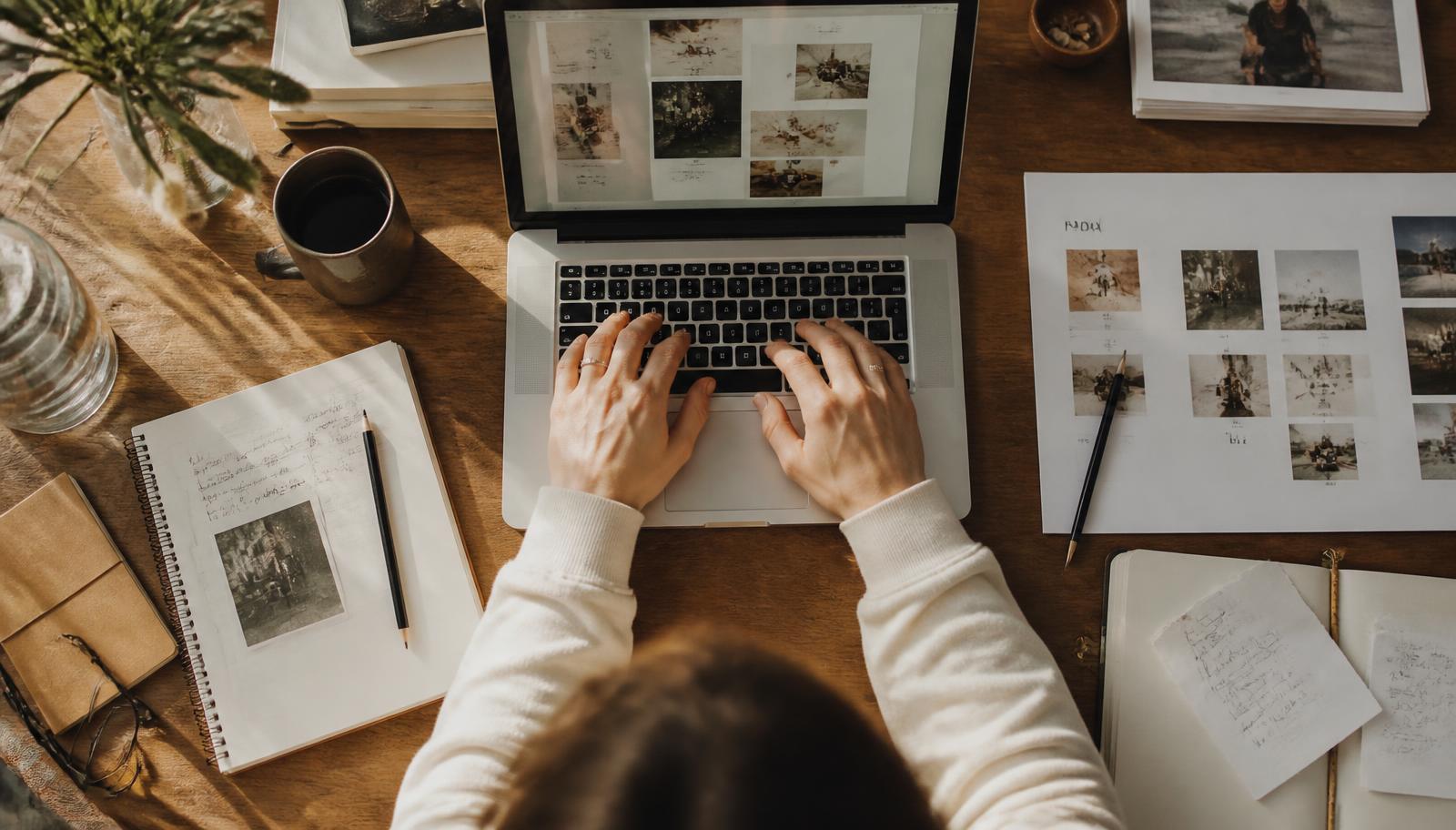 A designer's desk with a laptop, printed layouts and notebooks