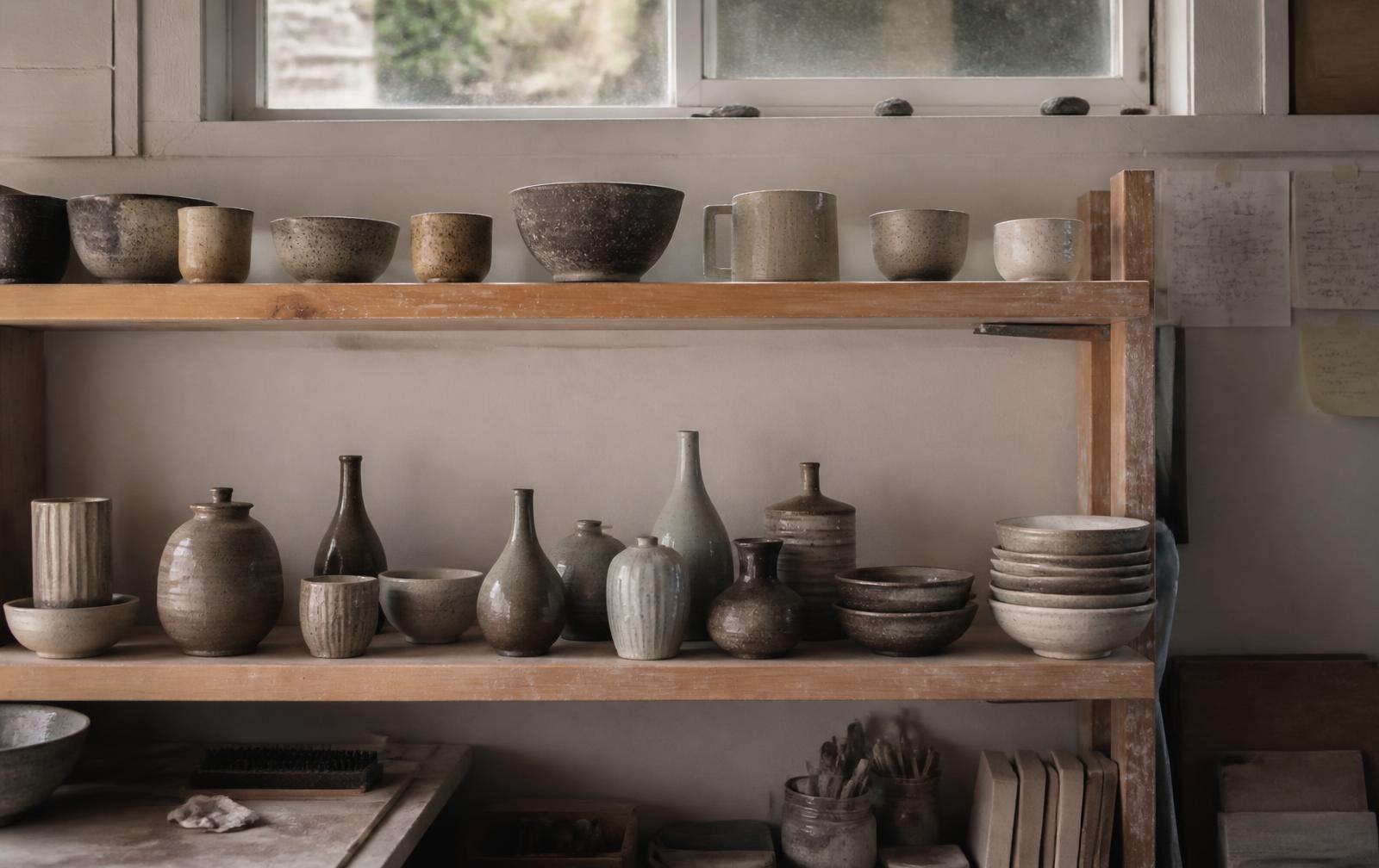 A potter's studio shelf of finished stoneware