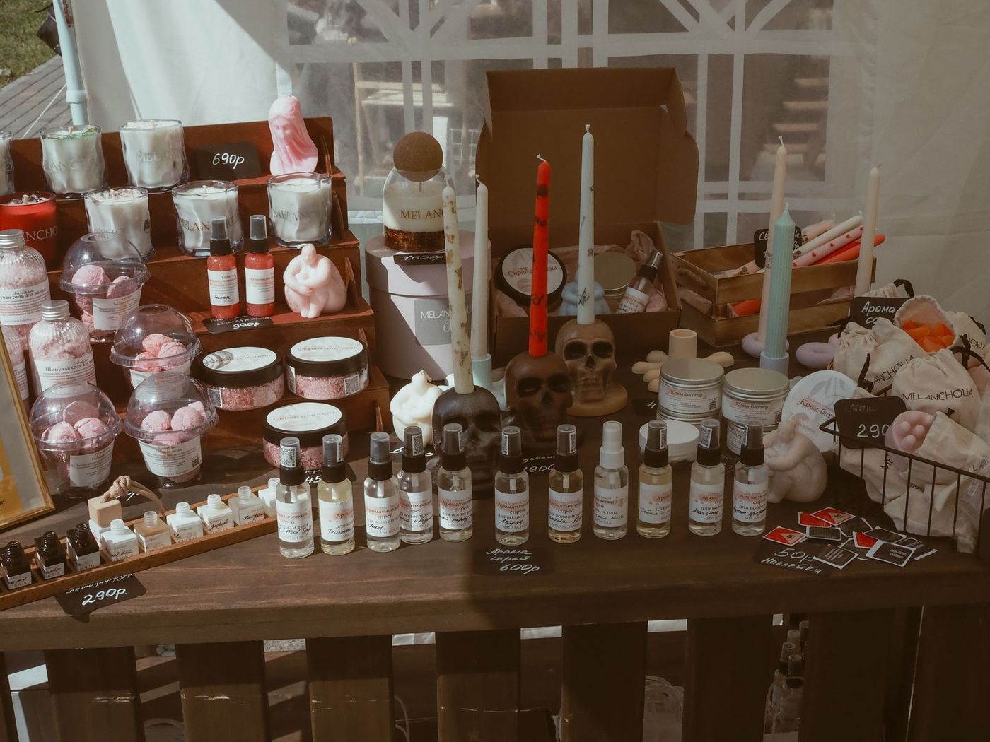 Handmade products displayed on a maker's stall table