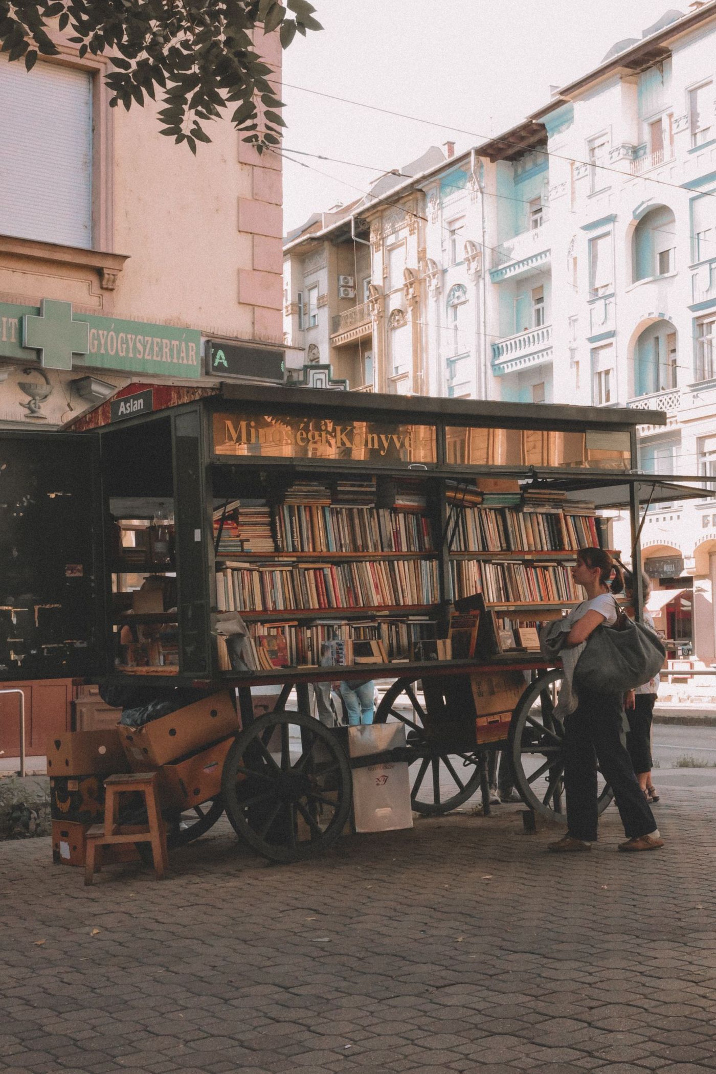 A mobile pop-up bookstore trading on a street