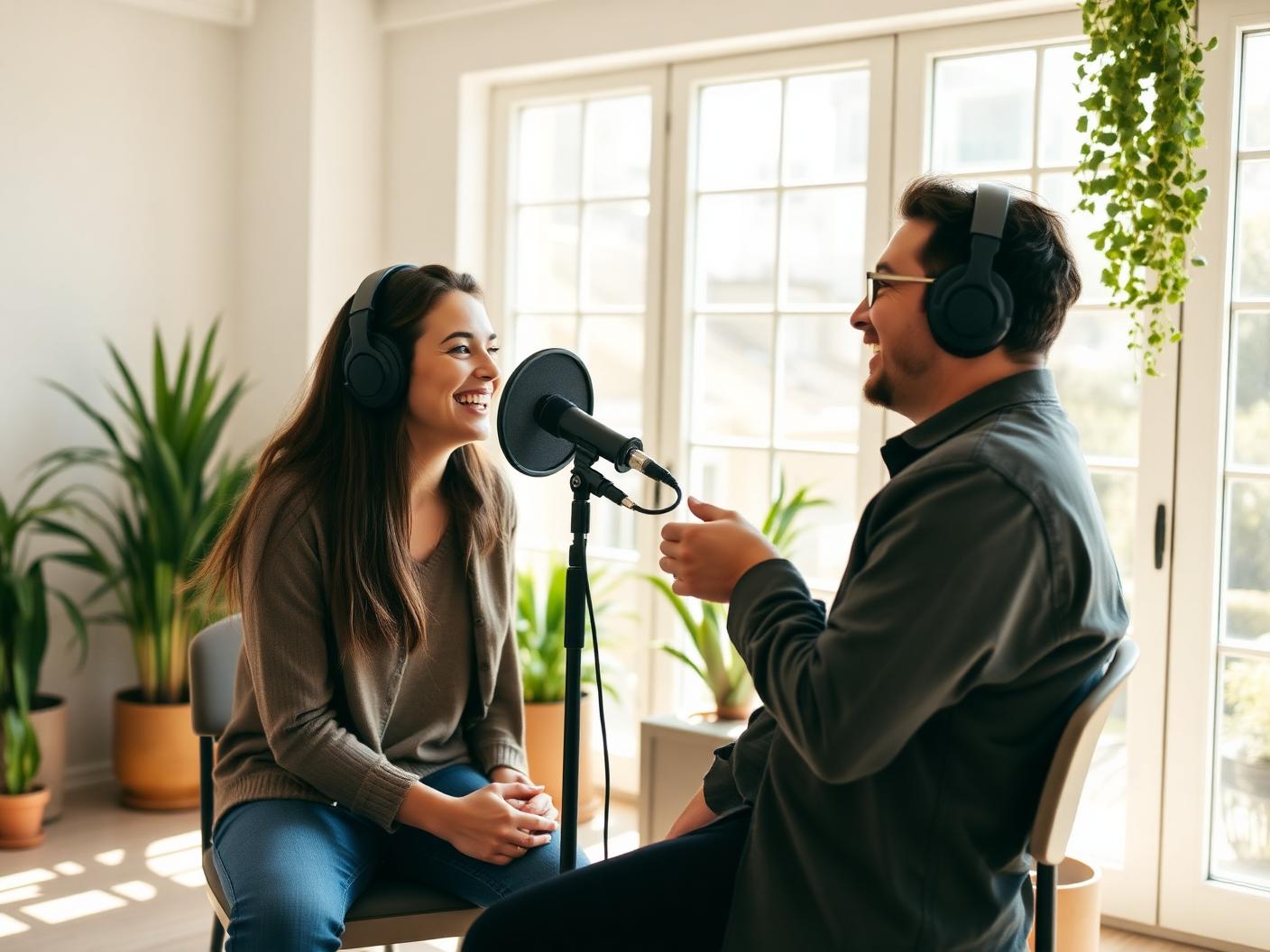 Two podcast hosts recording an episode together in a bright studio