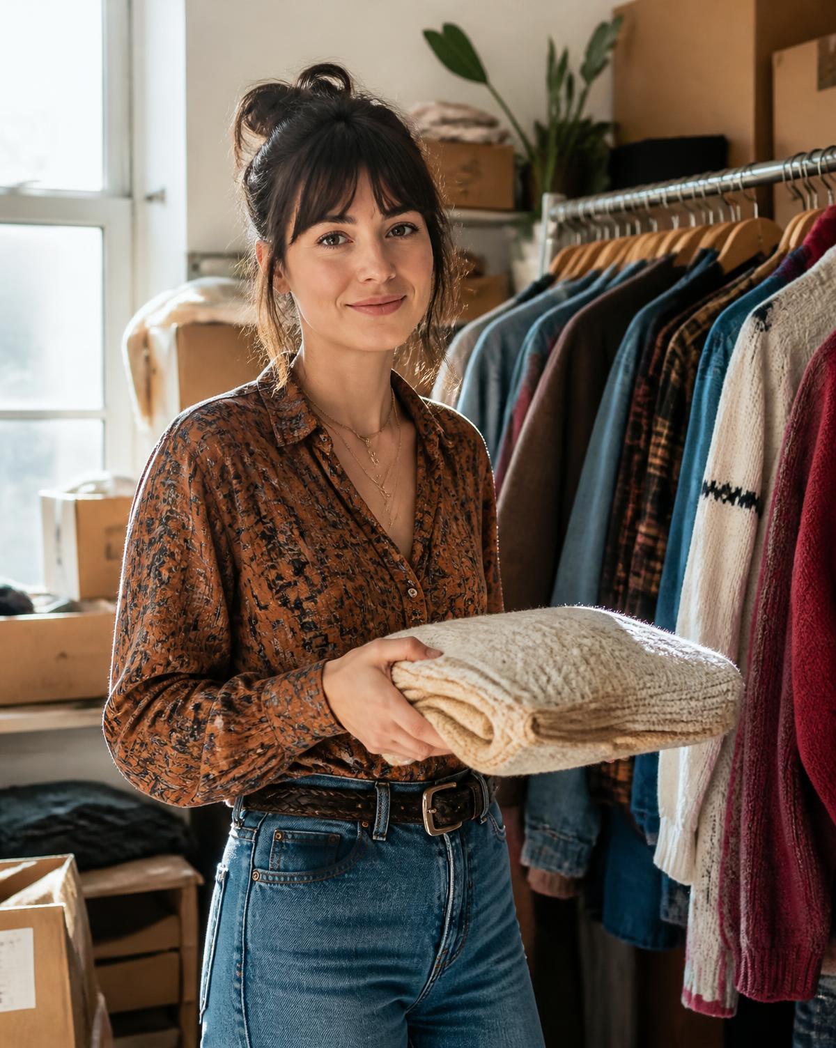A vintage reseller sorting garments on a rail in a bright stock room